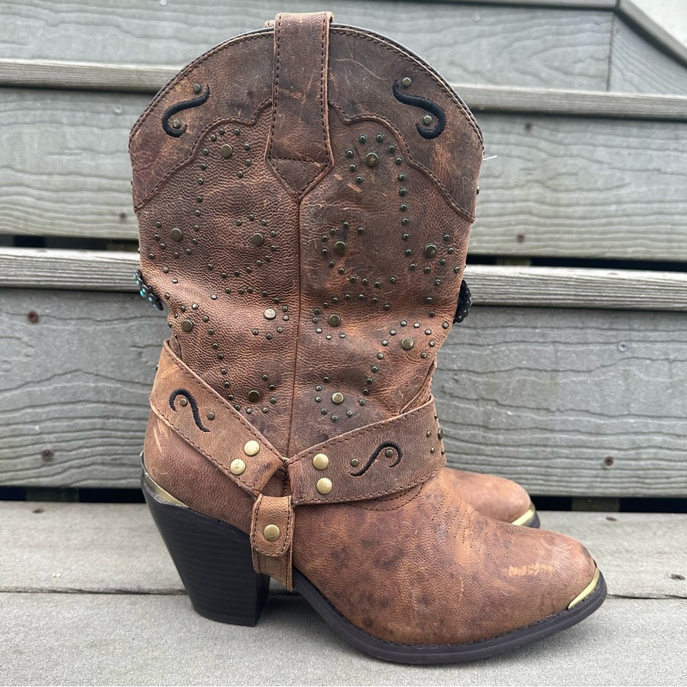 Dingo Brown Leather Country Western Bootie Metal Medallions Embellishments